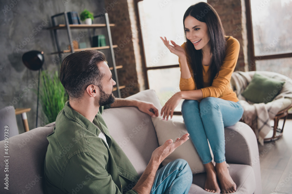 Canvas Prints Portrait of attractive nice cheerful couple life partners spouses spending vacation holiday talking at home house flat indoors