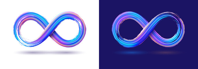 Isolated infinity symbol vector template on white and blue background. Realistic brush stroke effect. Illustration with number eight in bright neon paint for logo, branding. - obrazy, fototapety, plakaty