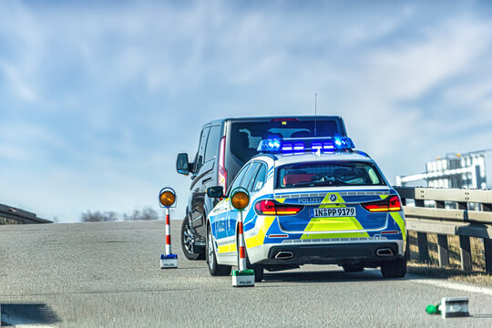 Munich, Bavaria, Germany, 2022, March 4th: German police doing traffic control on a german highway