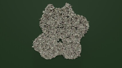 3d rendering of dollar cash rolls and stacks in shape of symbol of maneki neko on green background