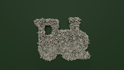 3d rendering of dollar cash rolls and stacks in shape of symbol of train on green background