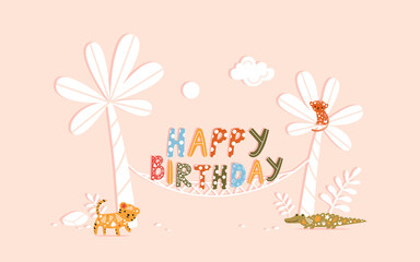 Stylish happy birthday card with funny tiger, monkey and crocodile. Vector illustration