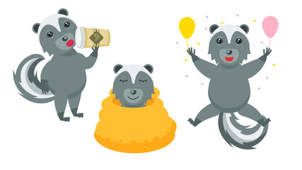 Set Abstract Collection Flat Cartoon Different Animal Skunk Drinking Coffee From A Glass, Celebrating Birthday With Balloons, Sleeping Wrapped In Blanket Vector Design Style Elements Fauna Wildlife