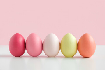 Easter banner with colorful Easter Egg in a row on white table and pink background. Above view with copy space. Easter decorated eggs frame. Happy Easter card. Side view, flatlay