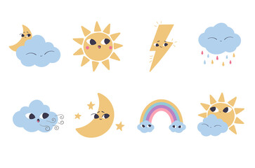 Cute weather icons set isolated on white background. Forecast meteorology symbols. Childish vector illustration.