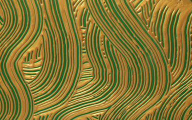 Abstract gold and green color acrylic line wave wall painting. Canvas vintage grunge texture horizontal background.
