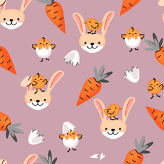 Cute vector seamless pattern with funny chickens,carrots and hares in cartoon.Childish background and texture for printing on fabrics and paper.Hand drawn stock illustration for baby,kids apparel.