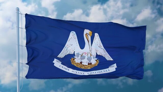 Louisiana flag on a flagpole waving in the wind in the sky. State of Louisiana in The United States of America
