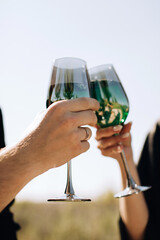 The bride and groom clink glasses with champagne. Cheers