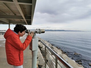 Obraz premium A person watches intently through some primates in the distant sea.