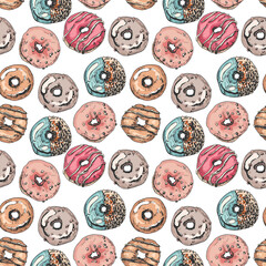 233_donuts_colored donuts, set of illustrations, decoration, icing, powder, chocolate, bright vector drawings, seamless pattern, pink, brown,