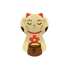 Maneki Neko cute cat with sack of gold coins flat vector illustration isolated.