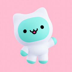 Funny little kawaii character. Cartoon kitty 3d render illustration on pink backdrop