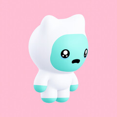 Funny little kawaii character. Cartoon kitty 3d render illustration on pink backdrop