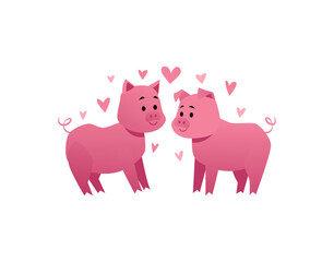 Cute romantic couple of pigs looking at each other, cartoon flat vector illustration isolated on white background.