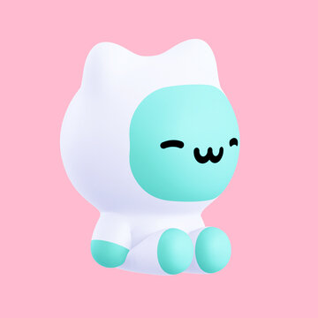 Funny little kawaii character. Cartoon kitty 3d render illustration on pink backdrop
