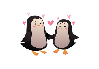 Cute penguins in love holding hands or wings, cartoon flat vector illustration isolated on white background.