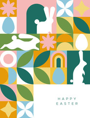 Happy easter spring rabbit egg folk mosaic card