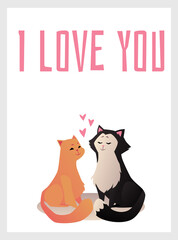 Two cats in love, cute animal couple with hearts, greeting card template - cartoon flat vector illustration.
