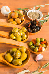 Still life with different varieties of olives.