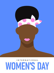 International women's day greeting card illustration of beautiful woman in minimalist flat cartoon style. Modern march 8 event design for female rights.
