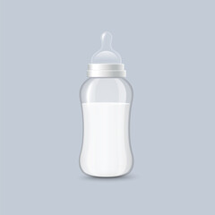 Newborn plastic bottle with milk mockup realistic vector illustration isolated.