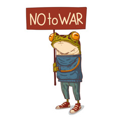 A Frog against War, isolated vector illustration. Anthropomorphic frog, holding NO TO WAR banner. An animal character with the human body. Antiwar placard. Pacifist demonstration. Peaceful protest