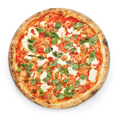 Appetizing pizza on a wooden board isolated on a gray background. Top view.