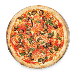 Appetizing pizza on a wooden board isolated on a gray background. Top view.