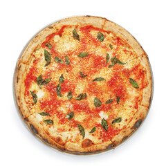 Appetizing pizza on a wooden board isolated on a gray background. Top view.