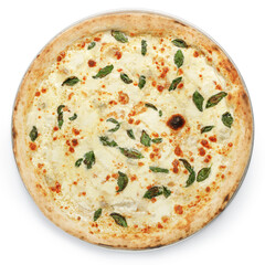 Appetizing pizza on a wooden board isolated on a gray background. Top view.