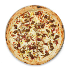 Appetizing pizza on a wooden board isolated on a gray background. Top view.
