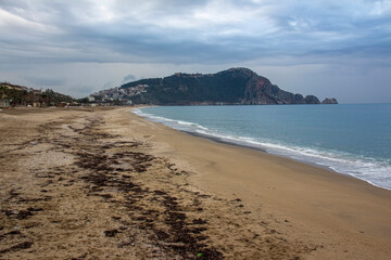Alanya beach after storm dirty beach , Turkey Antalya