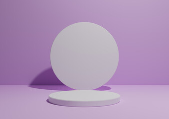 Light, pastel, lavender purple, 3D render simple, minimal composition with one cylinder stand or podium for product display or advertising with geometric shapes, empty background with space for text.