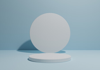 Light, pastel, baby blue, 3D render of a simple, minimal composition with one cylinder stand or podium for product display or advertising with geometric shapes, empty background with space for text.