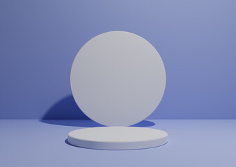 Light, pastel blue, 3D render of a simple, minimal composition with one cylinder stand or podium for product display or advertising with geometric shapes, empty background with space for text.