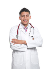 Fototapeta premium Young Latino Doctor with white coat and white stethoscope