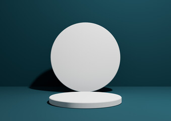 Dark teal, aqua blue, 3D render of a simple, minimal composition with one cylinder stand or podium for product display or advertising with geometric shapes, empty background with space for text.