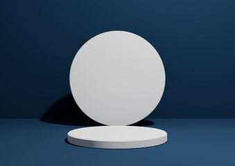 Dark, aqua blue, 3D render of a simple, minimal composition with one cylinder stand or podium for product display or advertising with geometric shapes, empty background with space for text.