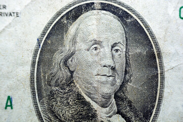 A portrait of president Benjamin Franklin, former president of USA from obverse side of 100 one hundred dollars bill banknote series 1988, old American money banknote, vintage retro, United States - obrazy, fototapety, plakaty