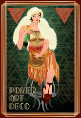 Hearts casino poker card with girl art deco style, vector illustration