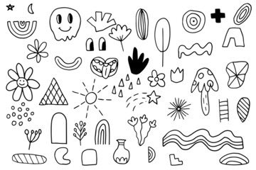 Set of different doodle boho bogemian shapes. Elements for postcard, pattern, decoration. Clip art hand drawn hippie free forms. Tattoo template.