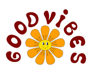 Groovy Smiley Flower with Hippie Slogan Good Vibes. Positive 70s retro smiling daisy flower print with inspirational slogan. - obrazy, fototapety, plakaty