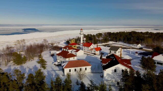 Aerial view of Whitefish point Light house complex at Lake Superior shore in Michigan upper peninsula.