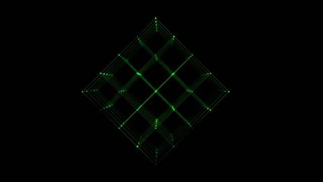 Wireframe polygonal element. Abstract black background with green cube. Technology shape conection lines and dots. Futuristic concept. Perspective. 3d cube icon. Illusive form. Grid structure.