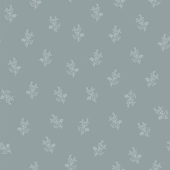 Vector green and gray illustration. Floral seamless pattern. Bouquet of wild flowers. Hand drawn flower field. Simple flowers. Flowering heads of field chamomile. Outline drawing.