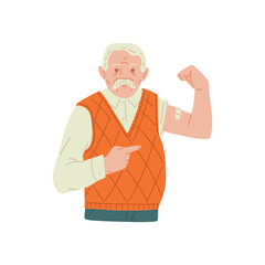 Elderly man after being injected with vaccine, flat vector illustration isolated.