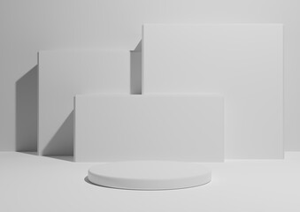 White, light gray, black and white, 3D render of a simple, minimal product display composition backdrop with one podium or stand and geometric square shapes in the background.