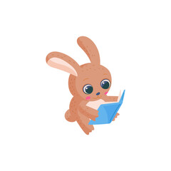 Cute bunny cartoon character reading book, flat vector illustration isolated.