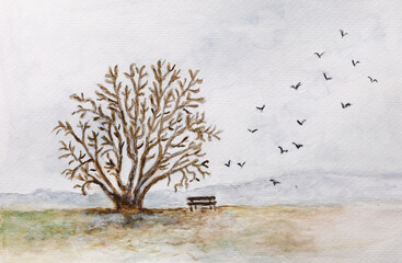 Watercolor painted lonely tree with bench and  birds